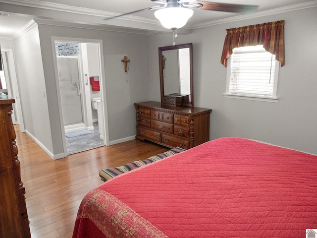 2488 Cypress Trl, New Concord, KY 42076 - bedroom with crown molding, wood finished floors, ceiling fan, and ensuite bath