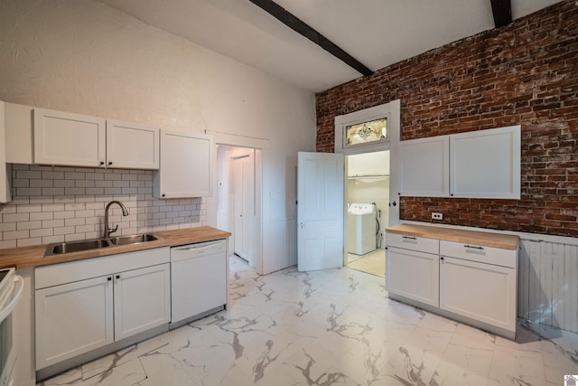 326 N 9th, Paducah, KY 42001 - kitchen featuring butcher block counters, white appliances, washer / clothes dryer, tasteful backsplash, and light marble finish floors
