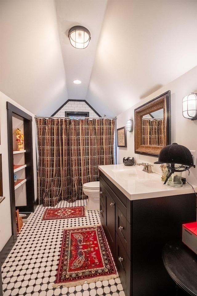 3431 Irvin Cobb Rd, Murray, KY 42071 - bathroom featuring lofted ceiling, vanity, and a shower with shower curtain