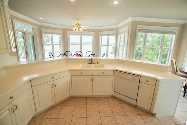 129 Wayne Cir, New Concord, KY 42076 - kitchen featuring white dishwasher, recessed lighting, light tile patterned floors, light countertops, and ornamental molding