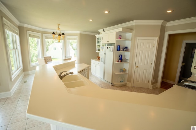 129 Wayne Cir, New Concord, KY 42076 - kitchen with white refrigerator with ice dispenser, open shelves, a chandelier, light tile patterned flooring, and white cabinetry