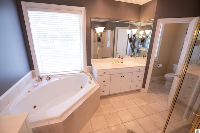 129 Wayne Cir, New Concord, KY 42076 - bathroom featuring vanity, a tub with jets, a stall shower, a chandelier, and tile patterned flooring