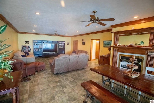 129 Wayne Cir, New Concord, KY 42076 - living area with a fireplace, ceiling fan, ornamental molding, and recessed lighting