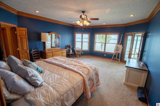 129 Wayne Cir, New Concord, KY 42076 - bedroom with light colored carpet, crown molding, a textured ceiling, recessed lighting, and a ceiling fan