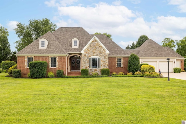 130 Camden Way, Paducah, KY 42001 - french country home with a front lawn, a garage, concrete driveway, and stone siding