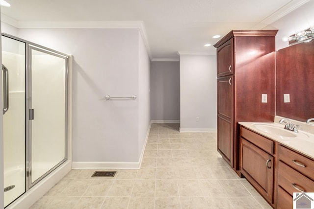 1530 Holt Rd, Paducah, KY 42001 - full bathroom featuring vanity, a stall shower, crown molding, tile patterned floors, and recessed lighting