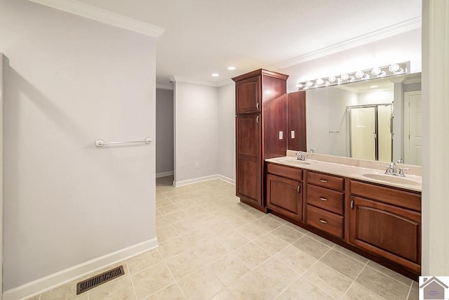 1530 Holt Rd, Paducah, KY 42001 - full bath with double vanity, crown molding, a stall shower, tile patterned floors, and recessed lighting