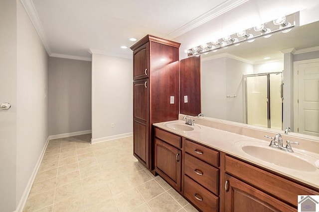 1530 Holt Rd, Paducah, KY 42001 - bathroom with double vanity, a shower stall, ornamental molding, tile patterned floors, and recessed lighting