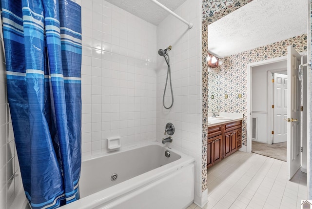 301 Tremont Dr, Hopkinsville, KY 42240 - bathroom with a textured ceiling, shower / tub combo with curtain, tile patterned flooring, vanity, and wallpapered walls