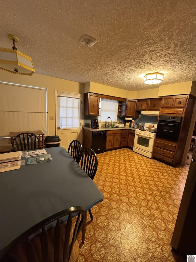 20715 Dawson Springs Rd, Dawson Springs, KY 42408 - kitchen featuring black appliances, a textured ceiling, open shelves, and under cabinet range hood