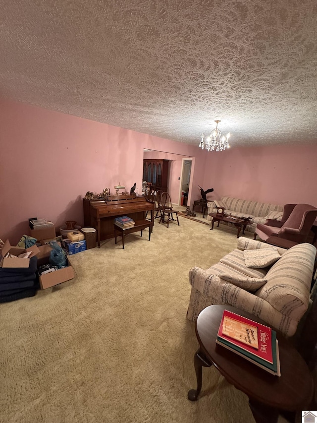 20715 Dawson Springs Rd, Dawson Springs, KY 42408 - living area featuring a chandelier, carpet flooring, and a textured ceiling