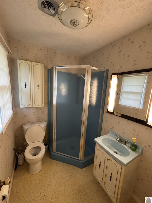 20715 Dawson Springs Rd, Dawson Springs, KY 42408 - full bathroom with vanity, wallpapered walls, a stall shower, and a textured ceiling