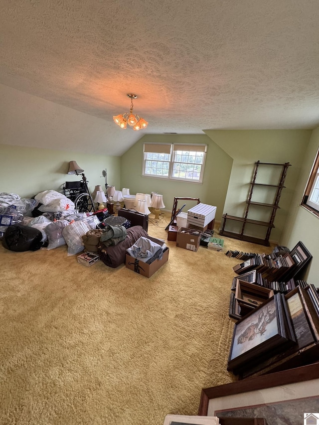 20715 Dawson Springs Rd, Dawson Springs, KY 42408 - bonus room featuring lofted ceiling, carpet flooring, a textured ceiling, and a chandelier
