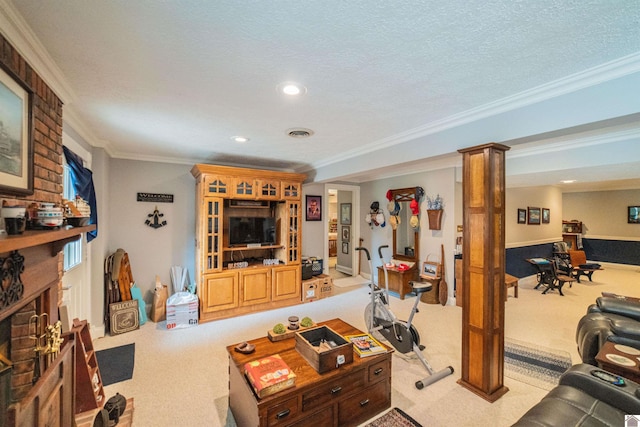 1201 Winslow Way, Paducah, KY 42001 - living room with light carpet, crown molding, recessed lighting, decorative columns, and a textured ceiling