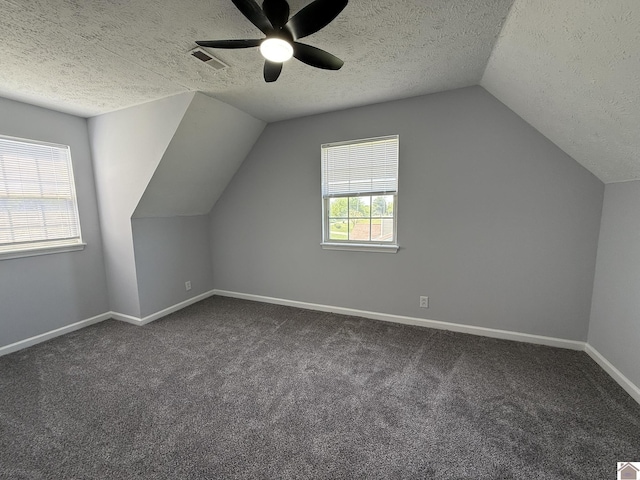2042 Carneal Ln, Oak Grove, KY 42262 - additional living space featuring vaulted ceiling, a textured ceiling, ceiling fan, and dark carpet