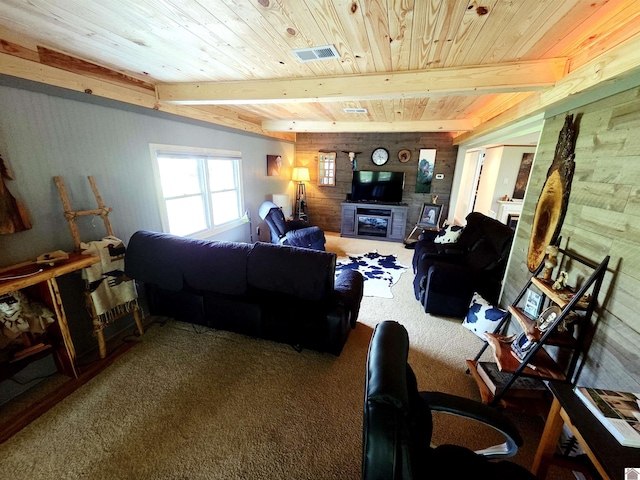 1040 Shine Ln, Cadiz, KY 42211 - carpeted living area featuring wooden walls and a wooden ceiling with exposed beams
