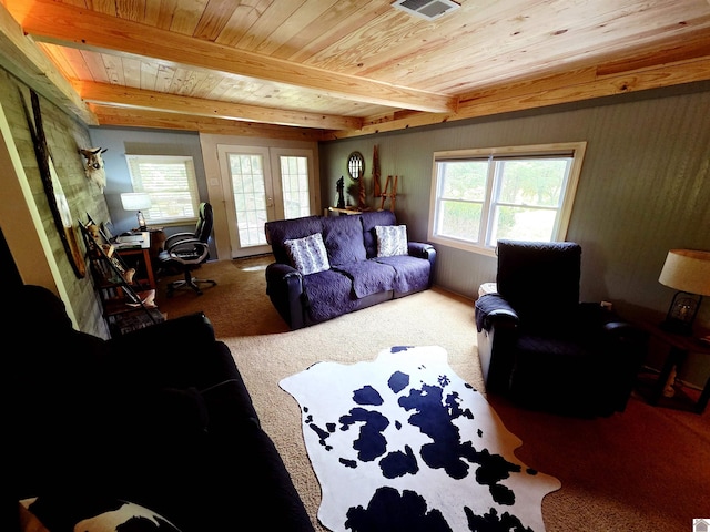 1040 Shine Ln, Cadiz, KY 42211 - living room featuring carpet floors, a desk, a wood ceiling with exposed beams, and french doors