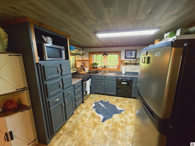 1040 Shine Ln, Cadiz, KY 42211 - kitchen with stainless steel appliances, light tile patterned floors, gray cabinets, open shelves, and pendant lighting