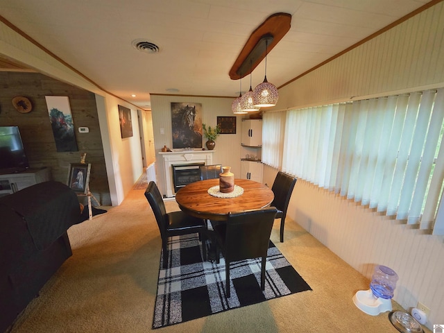 1040 Shine Ln, Cadiz, KY 42211 - carpeted dining room with a fireplace and wooden walls