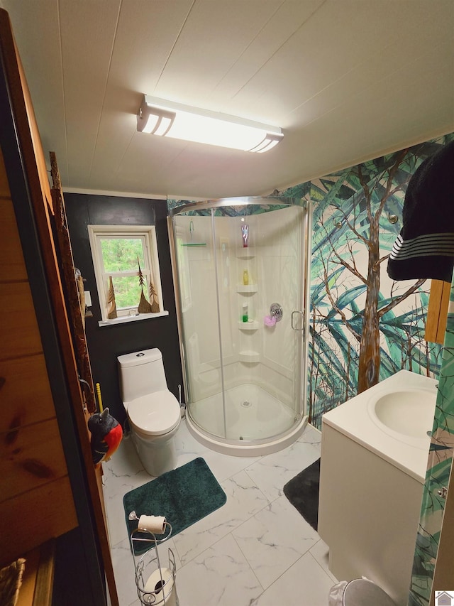 1040 Shine Ln, Cadiz, KY 42211 - bathroom with a shower stall, marble look tile flooring, vanity, and wallpapered walls