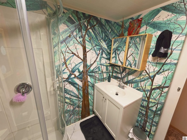 1040 Shine Ln, Cadiz, KY 42211 - bathroom featuring vanity, a stall shower, and ornamental molding