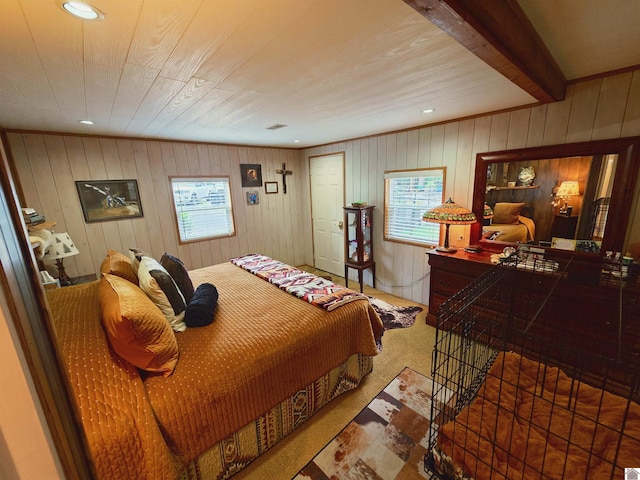 1040 Shine Ln, Cadiz, KY 42211 - bedroom with multiple windows, wooden walls, recessed lighting, and a wooden ceiling with exposed beams