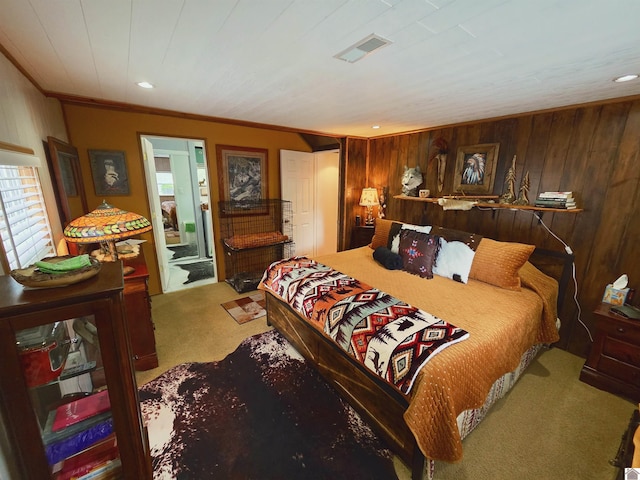 1040 Shine Ln, Cadiz, KY 42211 - bedroom with carpet, wood walls, crown molding, multiple windows, and recessed lighting