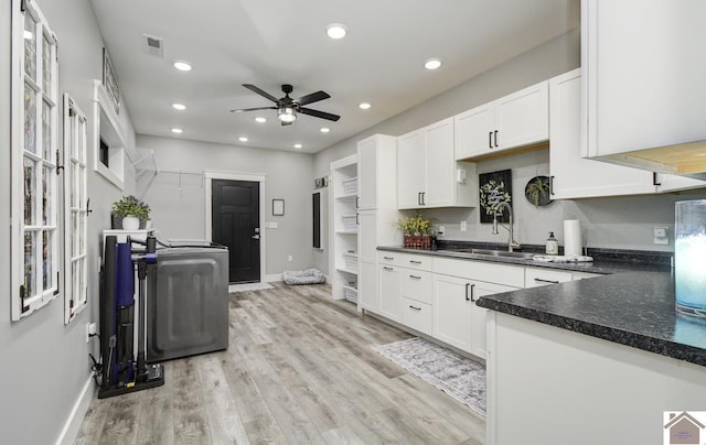 1 Logan Trl, Murray, KY 42071 - kitchen with ceiling fan, white cabinets, dark countertops, light wood-style flooring, and recessed lighting