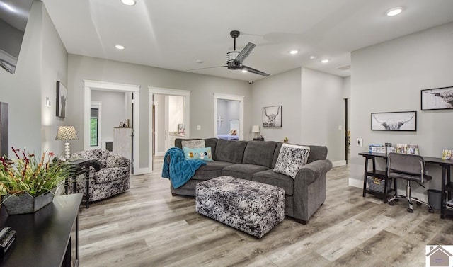 1 Logan Trl, Murray, KY 42071 - living room featuring a ceiling fan, light wood finished floors, recessed lighting, and an office area