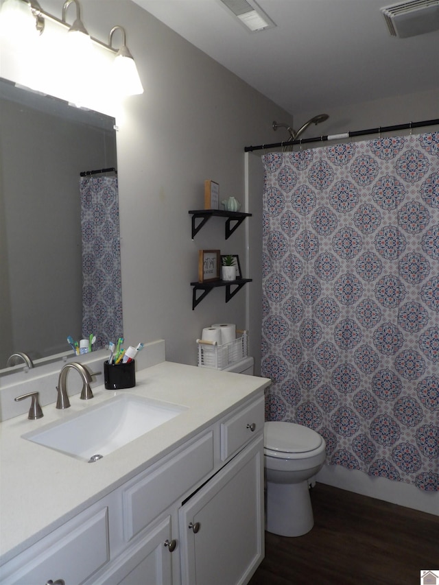 719 Elder St, Calvert City, KY 42029 - bathroom with vanity, wood finished floors, and curtained shower