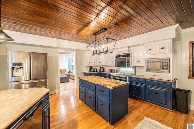 150 Sills Ln, Benton, KY 42025 - kitchen featuring wooden counters, blue cabinets, stainless steel appliances, white cabinets, and wood ceiling