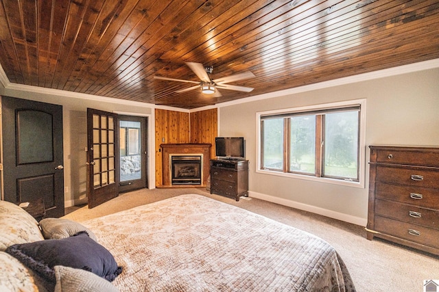 150 Sills Ln, Benton, KY 42025 - bedroom featuring ornamental molding, carpet flooring, wooden ceiling, access to outside, and a fireplace