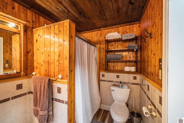 150 Sills Ln, Benton, KY 42025 - bathroom featuring wooden ceiling, wood walls, and tile walls
