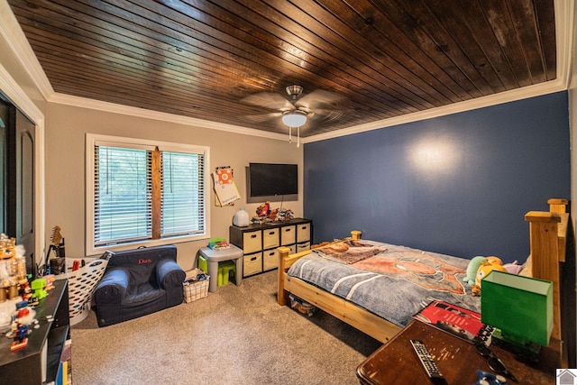 150 Sills Ln, Benton, KY 42025 - bedroom with carpet floors, wood ceiling, ornamental molding, and ceiling fan