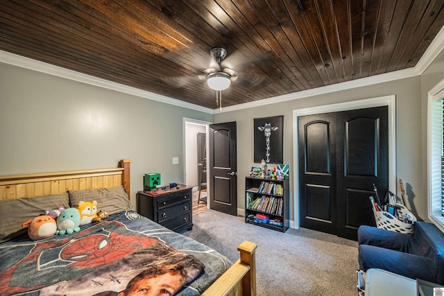 150 Sills Ln, Benton, KY 42025 - bedroom with carpet flooring, ornamental molding, wooden ceiling, and ceiling fan