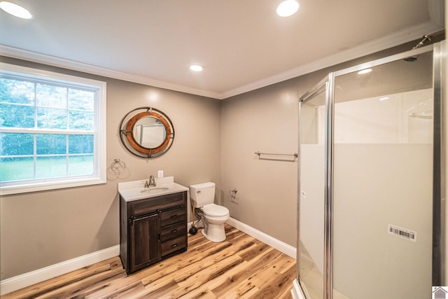 150 Sills Ln, Benton, KY 42025 - bathroom featuring wood finished floors, vanity, recessed lighting, a shower stall, and ornamental molding