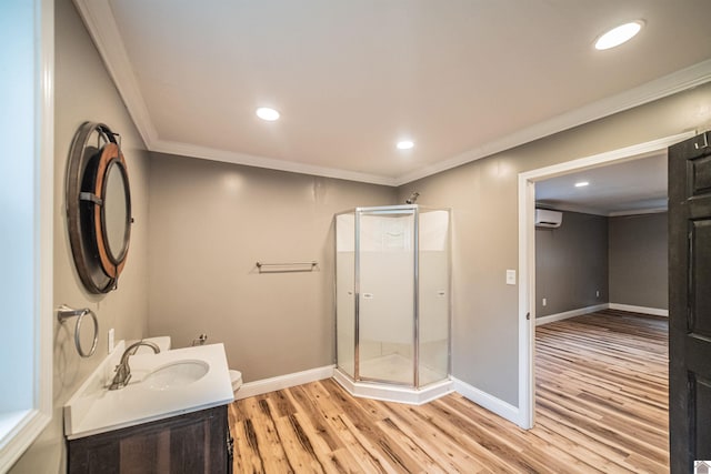 150 Sills Ln, Benton, KY 42025 - bathroom featuring a wall unit AC, wood finished floors, ornamental molding, a shower stall, and recessed lighting