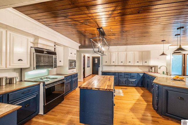 150 Sills Ln, Benton, KY 42025 - kitchen with wooden counters, blue cabinets, electric range, wood ceiling, and white cabinetry