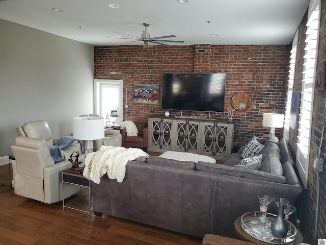 117 N 2nd, Paducah, KY 42001 - living area featuring brick wall, ceiling fan, wood finished floors, and recessed lighting