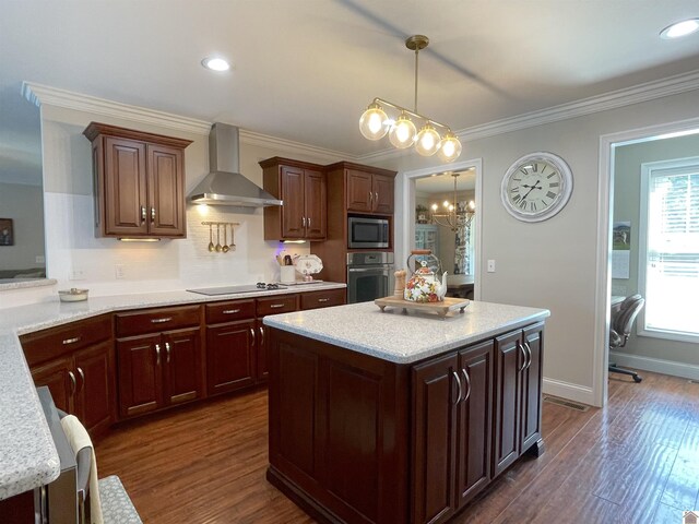 1514 Martin Chapel, Murray, KY 42071 - kitchen with wall chimney range hood, appliances with stainless steel finishes, crown molding, pendant lighting, and dark wood-style floors