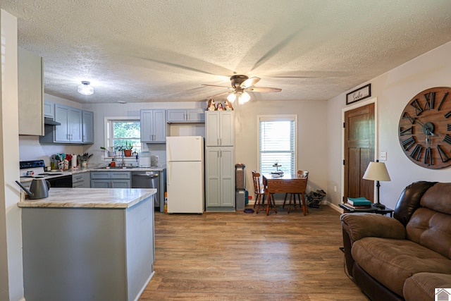 1715 State Route 80 W, Arlington, KY 42021 - kitchen featuring white appliances, light countertops, light wood-style flooring, a ceiling fan, and open floor plan