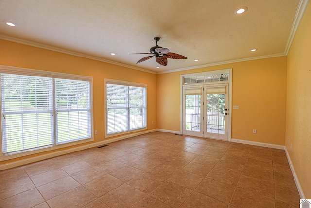 329 Royal Park Dr, Calvert City, KY 42029 - spare room featuring a ceiling fan, ornamental molding, recessed lighting, and light tile patterned floors