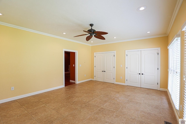 329 Royal Park Dr, Calvert City, KY 42029 - unfurnished bedroom featuring multiple closets, crown molding, recessed lighting, and ceiling fan