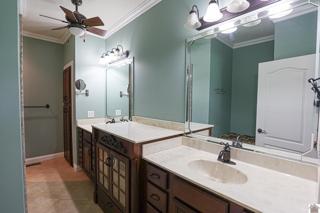 329 Royal Park Dr, Calvert City, KY 42029 - bathroom with crown molding, vanity, a ceiling fan, and tile patterned flooring