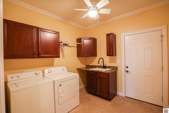 329 Royal Park Dr, Calvert City, KY 42029 - laundry room with cabinet space, separate washer and dryer, crown molding, light tile patterned floors, and ceiling fan