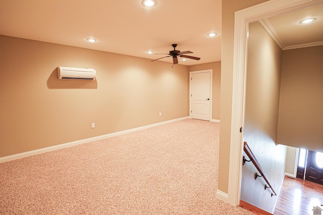 329 Royal Park Dr, Calvert City, KY 42029 - spare room with a wall mounted AC, recessed lighting, ornamental molding, a ceiling fan, and carpet flooring