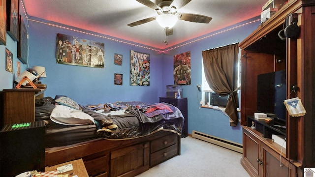 233 Bendefield Ln, Farmington, KY 42040 - bedroom with a baseboard radiator, light colored carpet, cooling unit, and a ceiling fan