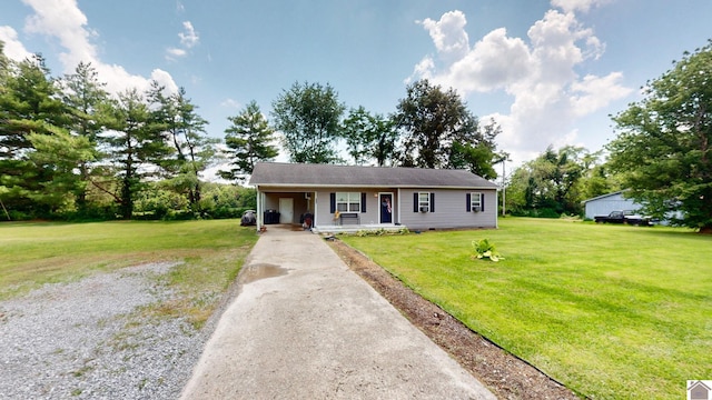 233 Bendefield Ln, Farmington, KY 42040 - ranch-style house with covered porch, driveway, a front yard, and an attached carport