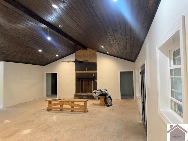 104 Water District Rd, Cadiz, KY 42211 - unfurnished living room featuring wooden ceiling, a fireplace, ceiling fan, and recessed lighting