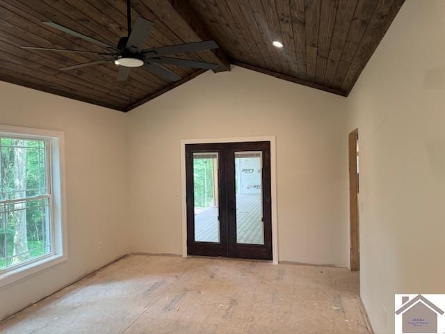 104 Water District Rd, Cadiz, KY 42211 - empty room featuring french doors, wood ceiling, lofted ceiling, a ceiling fan, and recessed lighting